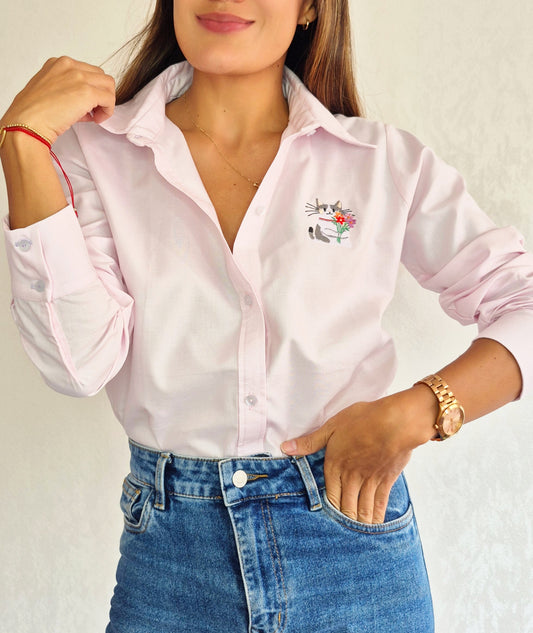 CAMISA BORDADA GATO FLORAL